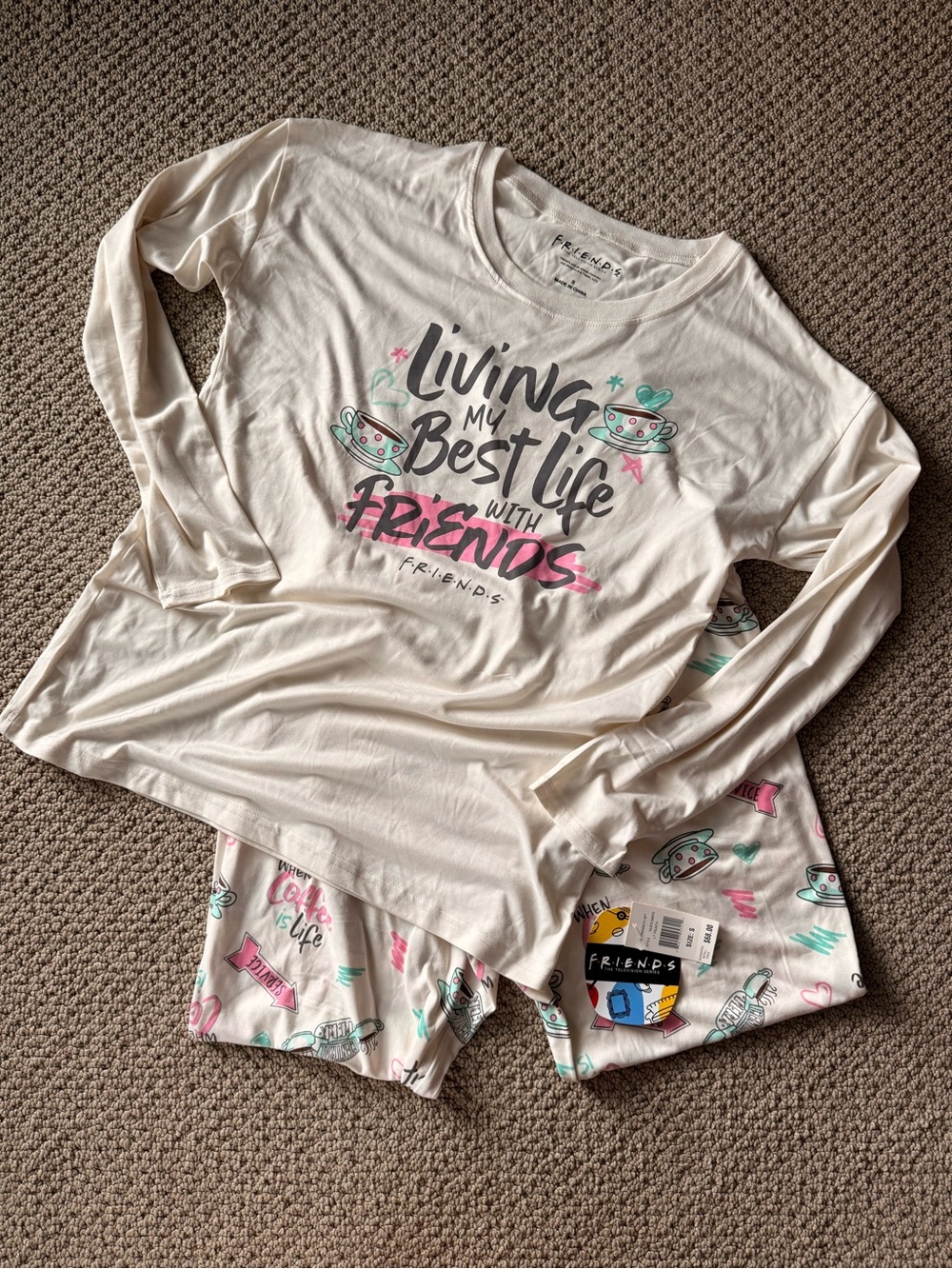 FRIENDS Women’s FRIENDS Cream Long-Sleeve Pajama Set with Pink & Teal Accents